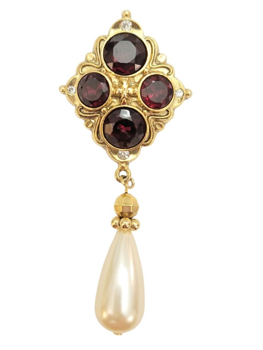 1928 Brand Red Glass Rhinestone Cross Pattern Faux Pearl Dangle Brooch, M854